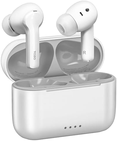 TOZO NC2 Hybrid Active Noise Cancelling Wireless Earbuds, in-Ear Detection Headphones, IPX6 Waterproof Bluetooth 5.3 Stereo Earphones, Immersive Sound Premium Deep Bass Headset Matte White