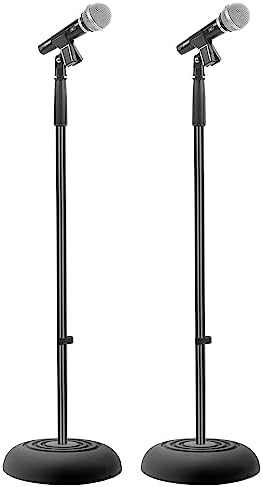 Pyle Universal Compact Base Microphone Stand - 2.8 to 5 Ft Height Adjustable Heavy Duty Lightweight Studio Floor Standing Mic Holder w/ Standard 5/8" Mic Adapter - (Pair)
