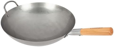 Cuisinart 14” Carbon Steel Hammered Wok, Traditional Round Bottom Wok, Stir Fry Pan with Wooden & Helper Handle for Authentic Asian Cuisine, Wok HEI Cooking Perfect for Stir-Fry, Sauté & Deep Fry