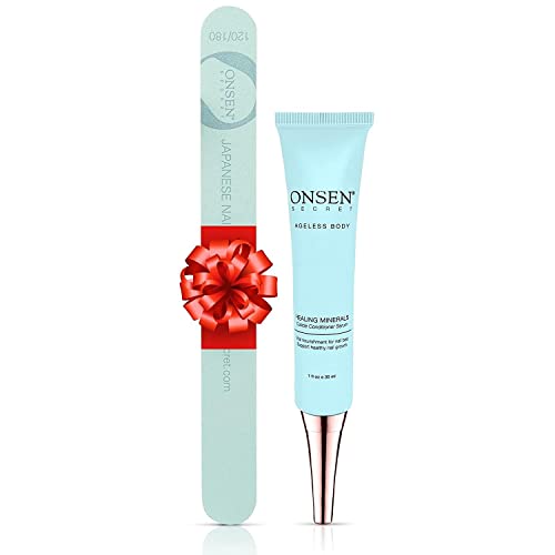 Onsen Secret Cuticle Cream + Double Sided Nail File 120/180 Grit, Cuticle Oil - Japanese Natural Healing Minerals Nail Care Serum. Sooth, Repair, & Strengthen Cuticles & Nails, Non-Greasy – 30ml