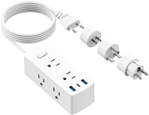 European Travel Plug Adapter, Olcorife Power Strip with EU UK US Plug Adapter, 6 Outlets 3 USB Ports with 5ft Extension Cord, International Power Adapter for US to Europe UK