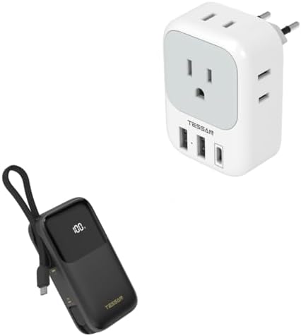 European Travel Plug Adapter USB C, TESSAN International Plug Adapter with 4 AC Outlets and 3 USB Ports, Type C Power Adaptor Charger for US to Most of Europe Iceland Spain with Portable Battery Pack