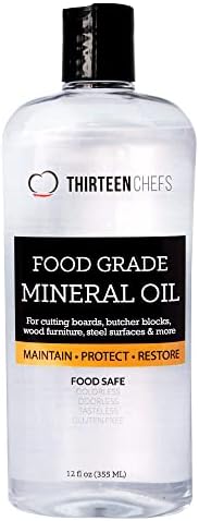 Thirteen Chefs Mineral Oil - 12oz Food Grade Conditioner for Wood Cutting Board, Countertop & Butcher Block, Lubricant for Knife or Meat Grinder - Safe USP Finish on Marble, Soapstone