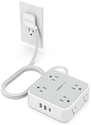 Surge Protector Flat Extension Cord Flat Plug Power Strip, 8 AC Outlets, 3 USB Charger(1 USB C Port) 3-Sided Outlet Extender, 5 Ft, 900 Joules Protection, Office Supplies, Dorm Room Essentials, Grey