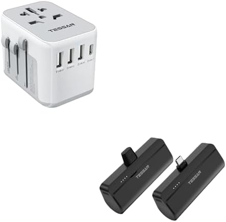 TESSAN International Plug Adapter, Universal Power Adaptor with 4 USB Ports (1 USB C), Mini Portable Charger with Built-in USB-C, 5000mAh Small Power Bank, for iPhone 15/15 Plus/15 Pro/15 Pro Max