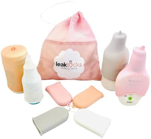 LeakLocks® Toiletry Skins 4-Pack w/Travel Bag. Elastic Sleeve for Leak-Proofing Travel Container in Luggage. Fits Standard/Travel Sized Toiletries. Reusable Accessory for Travel Bag Suitcase/Carry-on