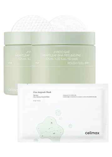 celimax Ji.Woo.Gae Heartleaf BHA Peeling Pad Double Edition(60pads*2) + The Real Cica Calming Ampoule Mask 27ml (5EA) Bundle