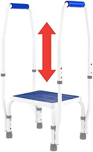 Platinum Health AdjustaStep(tm) DoubleSafe Deluxe Step Stool/Footstool with Dual Handle/Handrail, Height Adjustable. Modern White/Blue Design. Padded Non-Slip Hand Grips