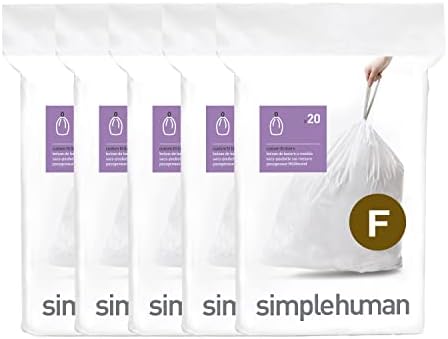 simplehuman Code F 100 Count, Genuine Custom Fit Liners, Drawstring Trash Bags in Dispenser Packs, 25-30 Liter / 6.6-8 Gallon, White