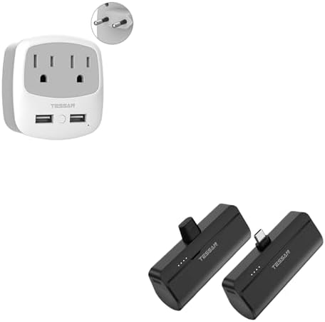 European Travel Plug Adapter Converter, TESSAN International Power Plug Converter with 2 USB, Mini Portable Charger, 5000mAh Small Power Bank, Battery Pack for iPhone 15/15 Plus/15 Pro/15 Pro Max