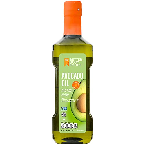 BetterBody Foods Refined Avocado Oil, Non-GMO Cooking Oil, Kosher, Keto and Paleo Diet Friendly, for High-Heat Cooking, Frying, Baking, Avocado Oil, 500 mL, 16.9 Fl Oz