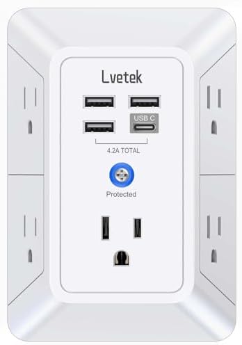 5 Outlet Extender Multi Plug Wall Outlets with 4 USB Charging Ports (1 USB C Outlet), 3 Sided 1680J Surge Protector Power Strip USB Wall Charger for Home, Office, Travel, ETL Listed, White