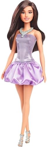 Barbie Fashionistas Doll #234 with Brown Hair, Wearing Sequined Purple Bubble Dress with Satiny Skirt, Silvery Necklace and Heels