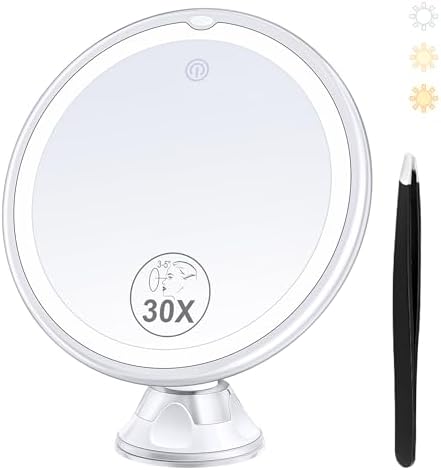 Magnifying Mirror with Light 30X, Lighted Makeup Mirror 30X for Precision Makeup, 3 Color Modes and Adjustable Brightness, 360° Swivel Magnifying Mirror Suction Cup for Bathroom Mirrors 8 Inches