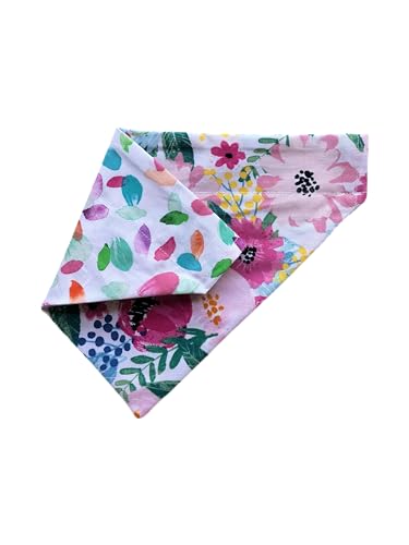 Floral Dog Bandana | Summer | Colorful Dog Bandana | Reversible Slip On Dog Bandana | Slip Over The Collar Bandana | For Small Medium Or Large Dogs (Watercolor flowers and brush strokes, L/XL)