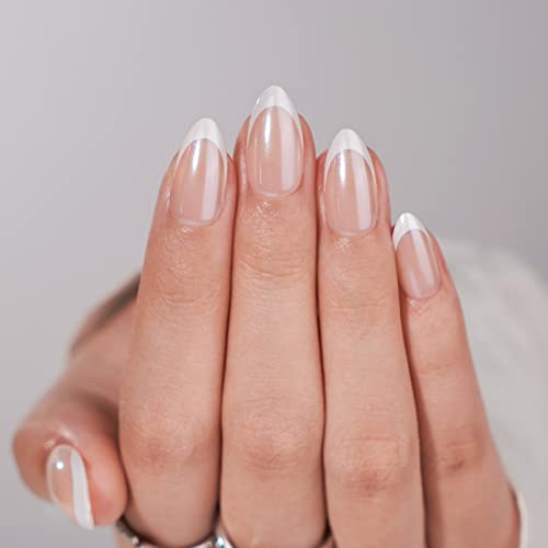 French Tip Press On Nails - BTArtbox White Almond Medium Reusable Stick On Nails in 15 Sizes - 30 Soft Gel Fake Nail Kit for Valentines Day Gift, Classic