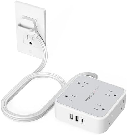 Surge Protector Power Strip, TESSAN 5 FT Flat Extension Cord with 8 AC Outlets 3 USB Ports (1 USB C), 900 Joules Protection, 3-Sided Wall Plug Extender, Desk Charging Station for Office, Dorm