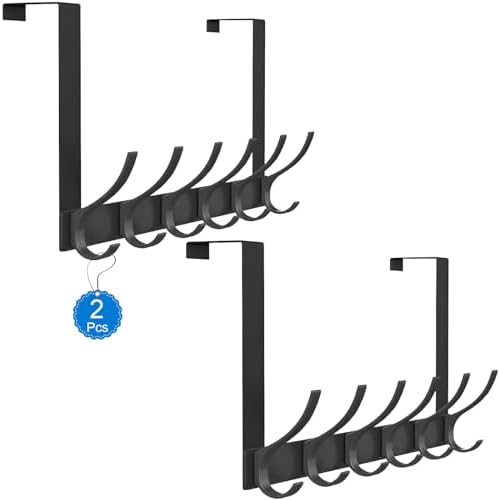 2 Pack Over The Door Hooks, Sturdy Door Hanger, Large Over The Door Towel Rack with 12 Hooks, Heavy Duty Easy to Install, for Bathroom, Bedroom，Kitchen，Hanging Towels, Coats (Black)