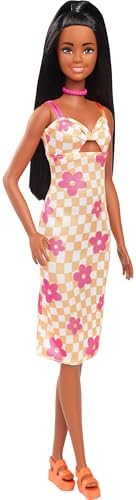 Barbie Fashionistas Doll #233 with Black Hair, Wearing Checkered Orange and Pink Flower Midi Dress with Necklace and Sandals