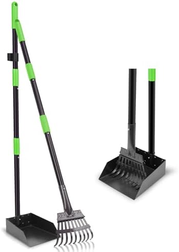 Non-Breakable Pooper Scooper, Dog Pooper Scooper Tray & Rake Set with Adjustable Stainless Steel Long Handle for Large Medium Small Dogs (Green)