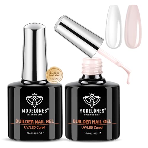 modelones Builder Nail Gel, 2 Pcs Clear and Cover Nude Gel Builder for Nails, 8-in-One LED Hard Gel Builder for Apex Building Nail Thickening Nail Strengthener Extension Gel Rubber Base Gel 10 ml