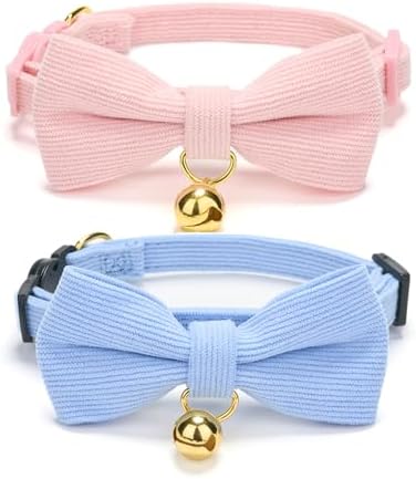 2 Pack Soft Corduroy Cat Collars with Bow Tie & Bell, Adjustable Breakaway Cotton Kitty Bowtie Collar for Girl Boy Kitten (Pink & Blue)