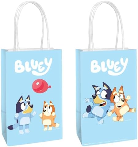 Multicolor Bluey Printed Party Favor Bags - 8.25" x 5.25" x 3", Pack of 8 Blue Kraft Treat Bags - Perfect Paper Bags for Kids Birthday, Baby Shower, Themed Party & More