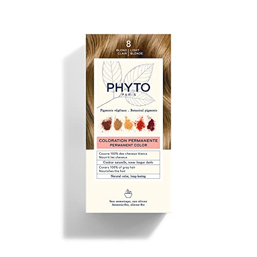 PHYTO Phytocolor Permanent Hair Color, 8 Light Blonde, with Botanical Pigments, 100% Grey Hair Coverage, Ammonia-free, PPD-free, Resorcin-free, 0.42 oz.