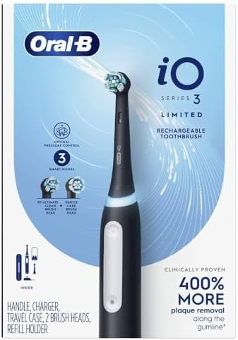 Oral B iO Series 3 Limited Edition Electric Toothbrush with 2 Brush Heads, Ultimate Clean, Gentle Care, Pressure Sensor, Rechargeable, Black, with Compatible Kwalicable Microfiber Cleaning Cloth