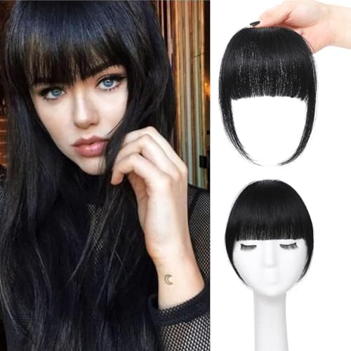 Clip in Bangs Real Human Hair Natural Black 100% Human Hair French Bangs Fake Bangs Hair Clip on bangs for women Fringe with Temples Hairpieces Curved Bangs for Daily Wear