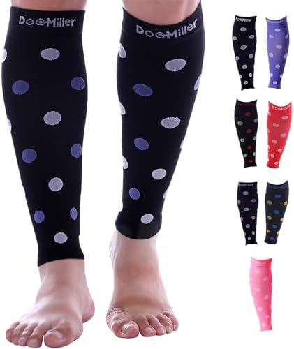 Doc Miller Calf Compression Sleeve – Footless Socks for Women & Men, 20-30mmHg, Shin Splint & Leg Cramp Support, Varicose Veins, Knee High, 1 Pair, Polka Dot