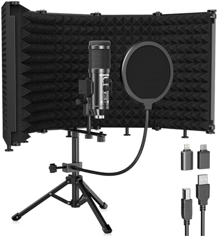 Studio Recording Microphone Isolation Shield with Pop Filter and Metal Tripod Stand, USB Condenser Mic to PC Laptop Smartphone, Studio Microphone for Recording Singing Podcasting