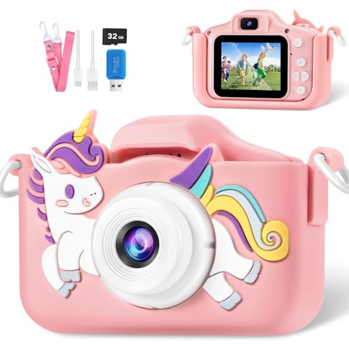 Kids Camera, Christmas Birthday Gifts for Kids, 3 4 5 6 7 8 Year Old Girl Gifts, Toddler Girl Toys, Camera for Kids, Multifunctional Digital Camera with Soft Silicone Shell, 32GB Card (Pink)