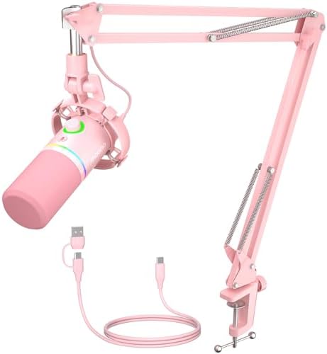 MAONO XLR/USB Dynamic Microphone Kit, RGB Gaming Mic with Software, Mute, Gain Knob, Volume Control, Boom Arm for Streaming, Podcasting, Voice-Over, Recording-PD200XS Pink