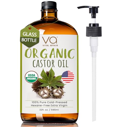 Pure Castor Oil Organic Cold Pressed Unrefined Glass Bottle-USDA Organic Castor Oil Cold Pressed Glass Bottle For Castor Oil Packs-Castor Oil For Face,Castor Oil For Hair Growth, Eyebrow, Eyelash-32oz