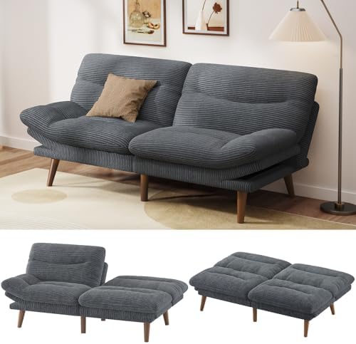 Pipishell Convertible Futon Sofa Couch, Corduroy Futon with Adjustable Backrest and Armrests, Futon Sofa Bed for Small Apartments, Living Room or Office (Gray)