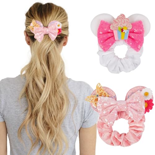 Velvet Mouse Ears Scrunchies - Cute Hair Ties for Women, Girls' Ponytails, Costume Party Favors, and Hair Accessories in White and Pink