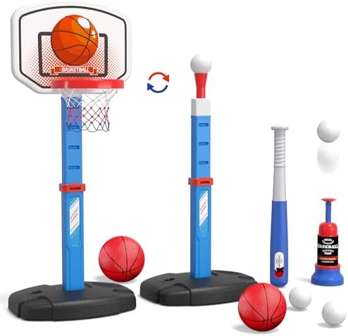 2 in 1 Toddler Basketball Hoop and T Ball Set, Kids Toys Boys 3-5, Adjustable Kids Basketball Hoop with Automatic Pitching Machine, Indoor Outdoor Sport Toys Gifts for Baby Boys Girls, Blue
