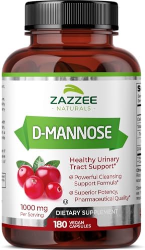 Zazzee D-Mannose, 1000 mg per Serving, 180 Vegan Capsules, 3 Month Supply, Potent & Fast-Acting, Certified Kosher, 100% Pure, All-Natural Urinary Tract Health UTI Support, 100% Vegetarian, Non-GMO