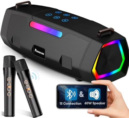 Portable Bluetooth Karaoke Machine - 60W Powerful Speaker with 2 Wireless Microphones, RGB Lights, Lightweight with Shoulder Strap, Perfect for Adults & Kids, Home & Outdoor Party