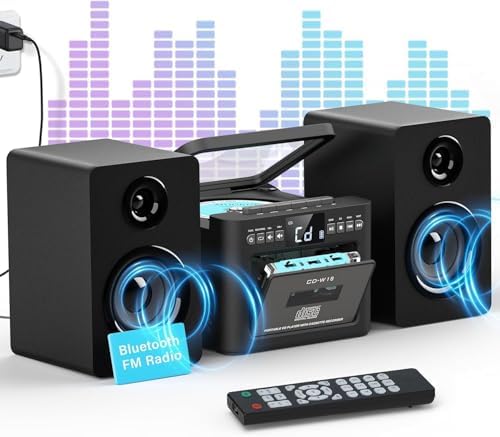 Greadio Stereo System for Home with Boombox CD and Cassette Player Combo, 40W Home Stereo System with Bluetooth, FM Radio/USB/TF/AUX/Remote Control, Detachable Wooden Bookshelf Speakers