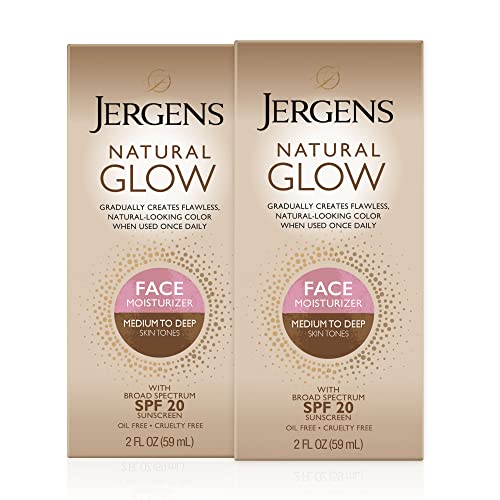 Jergens Natural Glow Face Self Tanner Lotion, SPF 20 Sunless Tanning, Medium to Deep Skin Tone Moisturizer, Daily Facial Sunscreen, Oil Free, Broad Spectrum Protection, 2-2 oz