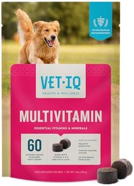 VetIQ Multivitamin Supplement for Dogs, Supports Active Brain Function, Immune System, and Digestive System, Hickory Smoke Flavored Dog Multivitamin, Made in The USA, 60 Count