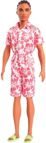 Barbie Fashionistas Ken Doll #235 with Braided Brown Hair, Wearing Coral Jumpsuit with Hawaiian Print and Green Sandals