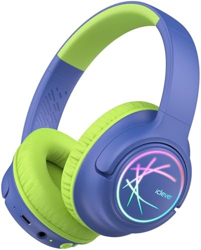 iClever Kids Bluetooth Headphones with LED Lights, BTH18 Safe Volume 74/85 dBA, 43H Playtime, Bluetooth5.3 Kids Headphones Wireless Aux Cord for iPad/Tablet/Travel/School, Blue/Green