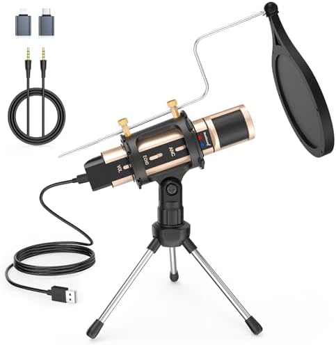 ZealSound Microphone,USB&3.5mm Mic W/Type-C Adapter for i-Phone Computer Phone,Condenser Microphone with Echo Volume,Tripod Stand,Pop Filter,for ASMR Video Recording Streaming Discord Twitch