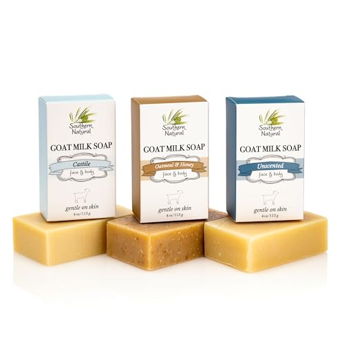 Southern Natural Goat Milk Soap Bar (Unscented Variety 3 Pack - Oatmeal & Honey/Castile/Unscented) For Dry, Sensitive Skin. Face and Body Soap For Men, Women, Kids and Baby. (Each Bar 4-4.5 oz)