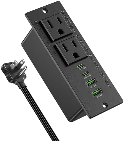 45W USB C Recessed Power Strip,Flush Mount Desk Recessed Outlet,Space-Saver for Furniture Side Table,2 USB-C &2 USB-A Ports,2 AC Outlets,6ft Cord,Ultra Thin Flat Plug