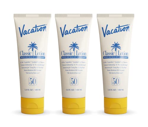 Vacation Classic Sunscreen Lotion SPF 50, Water-Resistant, Lightweight, Transparent on All Skin Tones, Dermatologist-Tested, Vegan, Travel Size, 3.4 Fl. Oz. (Value Pack of 3)