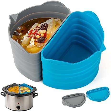 2 PCs 6-8 Quarts Silicone Crock Pot Divider Insert Oval, Reusable Slow Cooker Liners for Hamilton Beach, KitchenAid or any other Crockpot Liners, Dishwasher Safe, Leak Proof, Easy Clean (Grey+Blue)